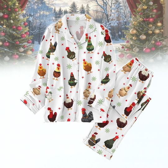 Chicken Christmas Pajamas Set, Funny Farm Animal PJs, Cute Hen Holiday Sleepwear