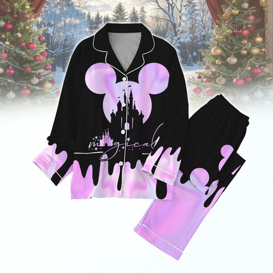 Discover Magical Disney Castle Pajamas Set, Pink Ombre Mickey Sleepwear, Cute Princess Pajama Gift for Women, Xmas Disney Pjs, Gift For Her
