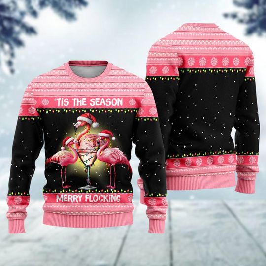 Flamingo Ugly Christmas Sweater, Merry Flocking Xmas Sweater, Tis The Season Christmas Sweatshirt, Animal Lover Gift, Winter Shirt
