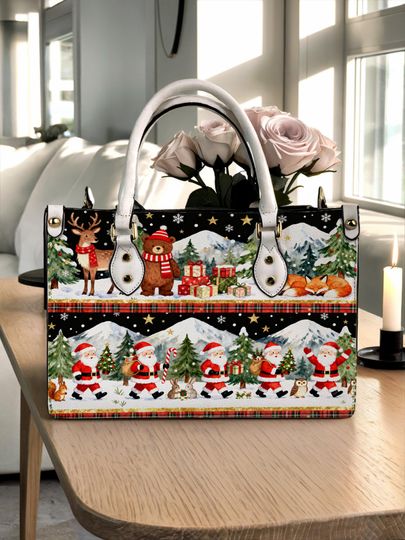 Discover Christmas Santa Claus Personalized Leather Handbag, Christmas Santa Claus Woman Shoulder Bag, Vintage Crossbody Bag, Top Handle Bag