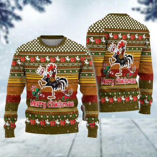 Chicken Ugly Christmas Sweater, Merry Chickmas Holiday Sweater, Farming Rooster Xmas Sweatshirt, Farm Animal Funny Sweater