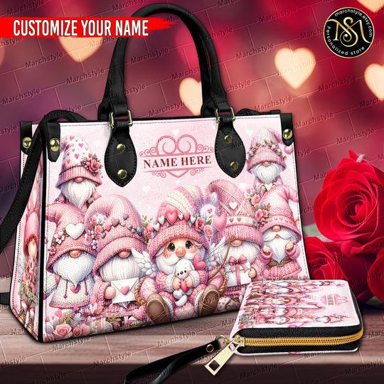 Discover marchstyle - personalized Leather Handbag with Pink Valentine Gnome, Custom Name Romantic Gnome, Cute Love Gnome, Sweet Gnome Purse