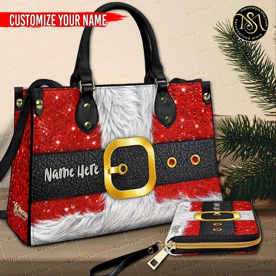 Discover Marchstyle - Personalized Leather Handbag or Purse With Christmas Outfit, Custom Name Santa Suit, Santa Claus costume Purse, Xmas Bag