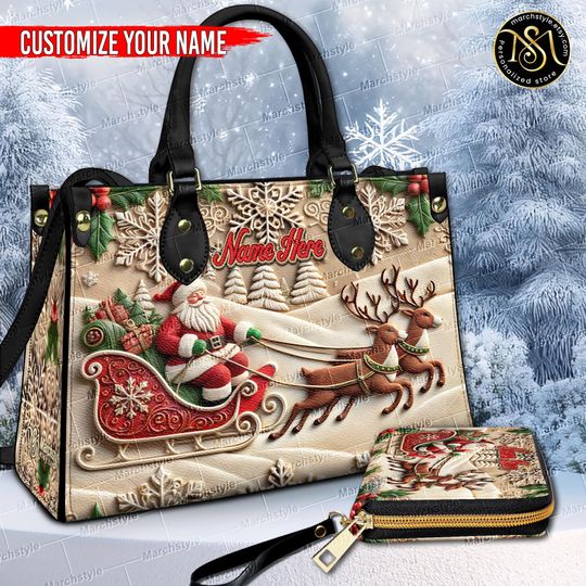 Discover Marchstyle - Personalized Leather Handbag With Faux Embroidered Santa Claus, Custom Name Christmas Woman Purse, Vintage Santa Gift