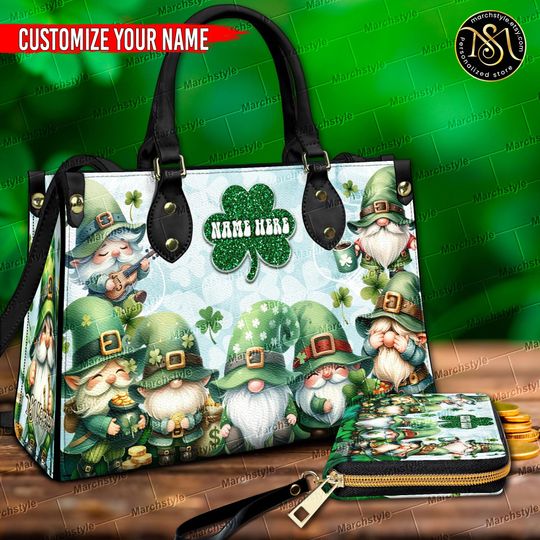 Discover Marchstyle - Personalized Leather Handbag With St Patricks Day Gnome, Custom Name Shamrock Purse, Lucky Clover Bag, Irish Holiday