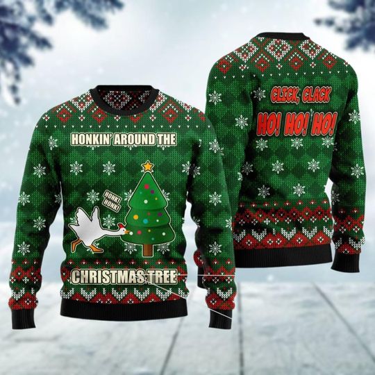 Duck Honking Around Christmas Tree Ugly Sweater, Funny Goose Xmas Sweater, Farm Animal Holiday Sweater, Winter Holiday Gift