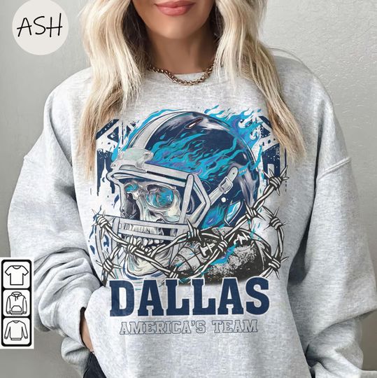 Vintage 90s Skull & Fire Style Dallas Cowboys Sweatshirt, America's Team Retro Game Day Crewneck Dallas Cowboys Fan Gift Dallas Tee