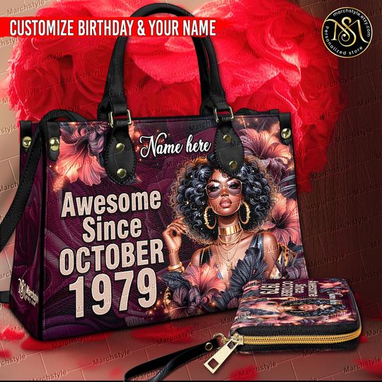 Discover Marchstyle - Personalized Leather Handbag or Purse with Awesome Since, Custom Name Black Queen, African American women's birthday Bag