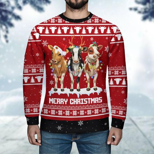 Cow Ugly Christmas Sweater, Heifer Santa Hat Holiday Sweater, Farm Animal Christmas Shirt, Cow Lover Gift, Funny Xmas Sweater