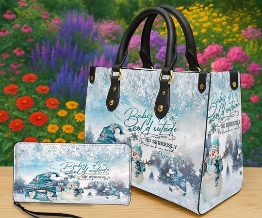 Discover Personalized Winter Snowman Tote Handbag and Wallet, Custom Name Purse with Baby It's Cold Outside Print, Christmas Gift for Women