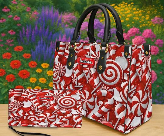 Discover Personalized Peppermint Candy Handbag & Wallet, Red White Christmas Purse, Custom Name Holiday Bag, Festive Winter Gift for Her