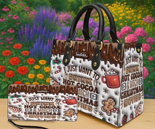 Discover Personalized Hot Cocoa Christmas Handbag & Wallet, Custom Name Holiday Purse with Gingerbread and Movie Theme, Festive Gift for Women
