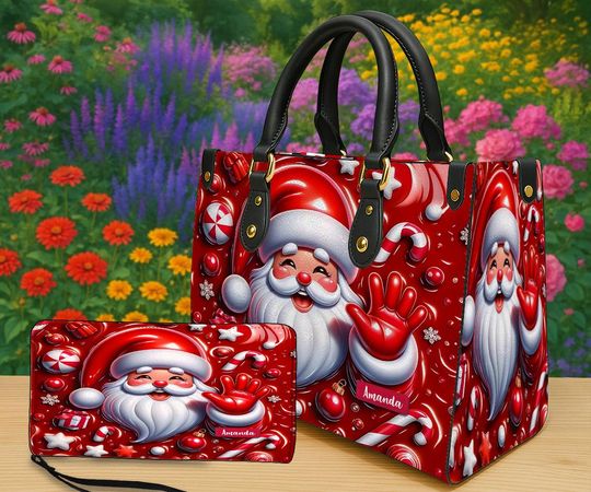 Discover Personalized Classic Santa Tote Bag & Wallet Set, Red Christmas Candy Cane Purse, Custom Name Santa Claus Gift for Women, Holiday Handbag