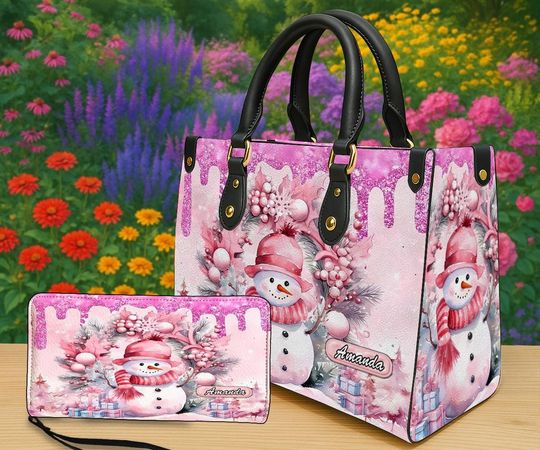 Discover Personalized Pink Snowman Tote Handbag and Wallet, Custom Name Christmas Purse with Festive Holiday Design, Cute Winter Gift Bag for Her