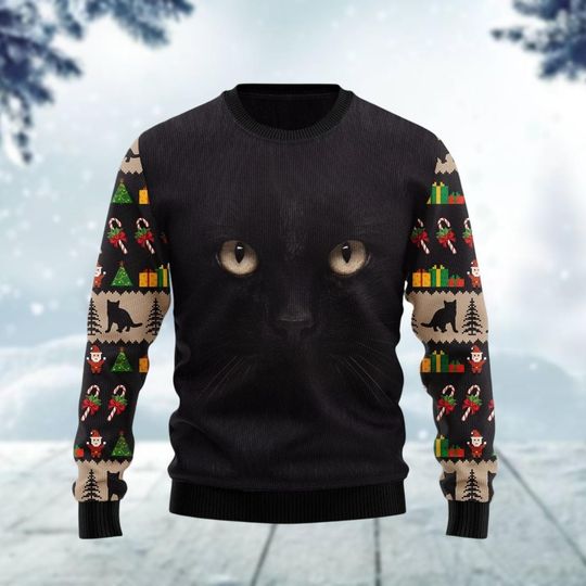 Black Cat Christmas Sweater, Cat Mom Ugly Sweatshirt, Cat Face Funny Xmas Sweater, Animal Holiday Sweater, Christmas Party Gift