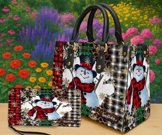 Discover Personalized Snowman Handbag & Wallet, Custom Name Christmas Purse with Plaid and Leopard Print, Winter Holiday Gift for Women