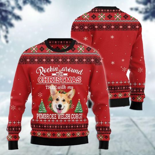 Corgi Christmas Sweater, Cute Dog Xmas Sweater, Christmas Tree Sweatshirt, Pets Rockin The Round Sweater, Animal Lover Gift