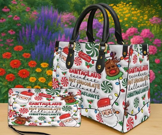 Discover Personalized Santa Claus Christmas Handbag & Wallet, Custom Name Holiday Purse, Reindeer And Lights Festive Bag, Hot Cocoa Winter Gift