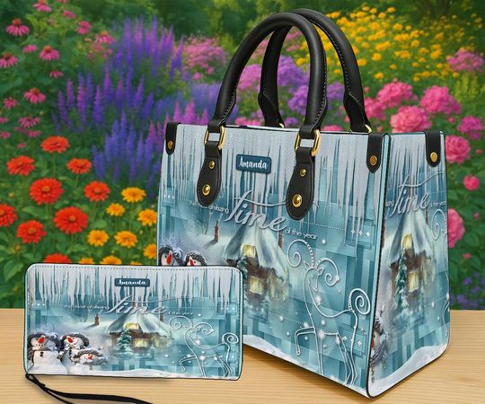 Discover Personalized Winter Wonderland Tote Bag & Wallet Set, Custom Name Christmas Purse, Snowman Reindeer Holiday Gift for Women, Winter Handbag