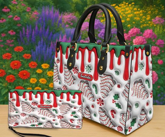 Discover Personalized Candy Cane Christmas Handbag and Wallet, Custom Holiday Purse with Festive Tree Pattern, Cute Xmas Gift for Women