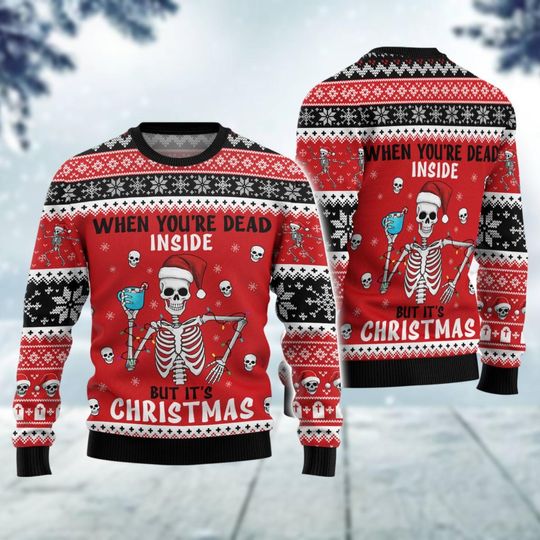 Discover Dancing Skeleton Ugly Christmas Sweater, Skull Santa Hat Xmas Sweater, Funny Christmas Sweatshirt, Skeleton Dead Inside Holiday Sweater