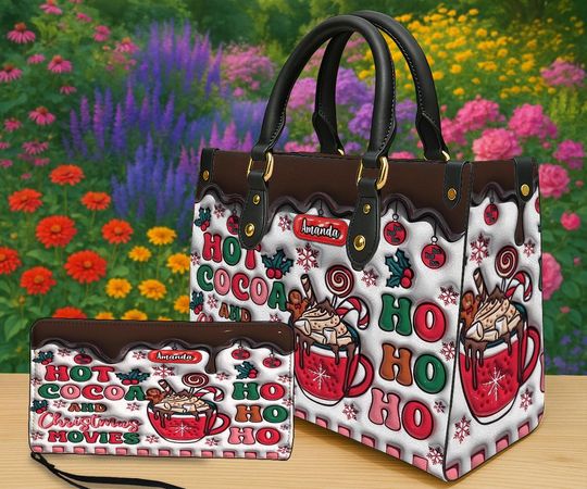 Discover Personalized Hot Cocoa Christmas Handbag & Wallet, Custom Name Holiday Purse, Festive Cocoa And Movies Bag, Winter Gift for Her