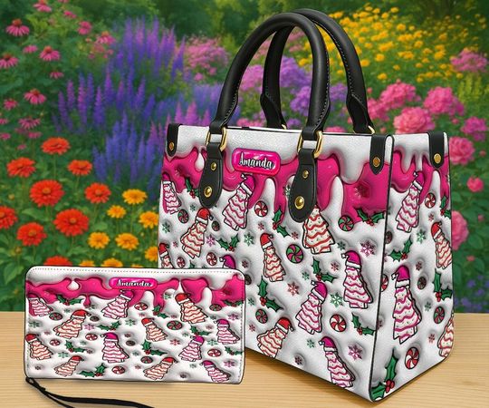 Discover Personalized Christmas Tree Handbag & Wallet, Pink Dripping Holiday Purse, Custom Name Candy Cane Gingerbread Xmas Gift for Her