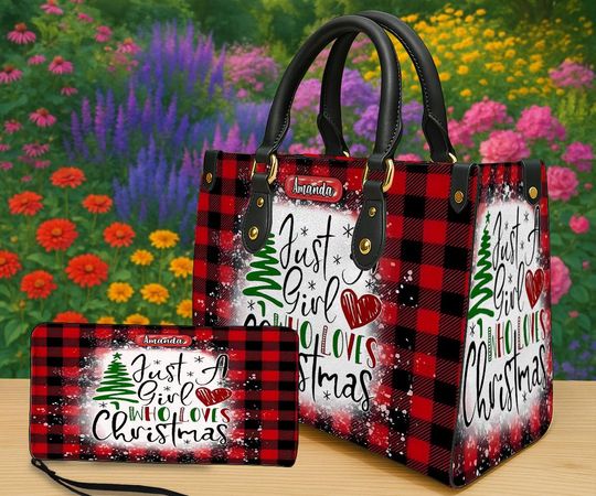 Discover Personalized Christmas Plaid Tote Handbag and Wallet, Custom Name Purse with Just A Girl Who Loves Christmas Print, Holiday Gift for Her