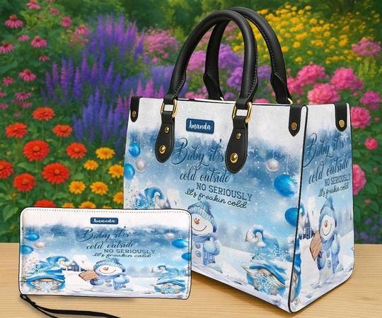 Discover Personalized Funny Snowman Tote Bag & Wallet Set, Baby Its Cold Outside Purse, Custom Name Winter Gift for Women, Blue Christmas Bag