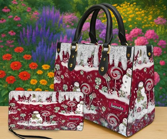 Discover Personalized Candy Wonderland Tote Bag & Wallet Set, Custom Name Christmas Purse, Sweet Holiday Gift, Peppermint Snowman Winter handbag