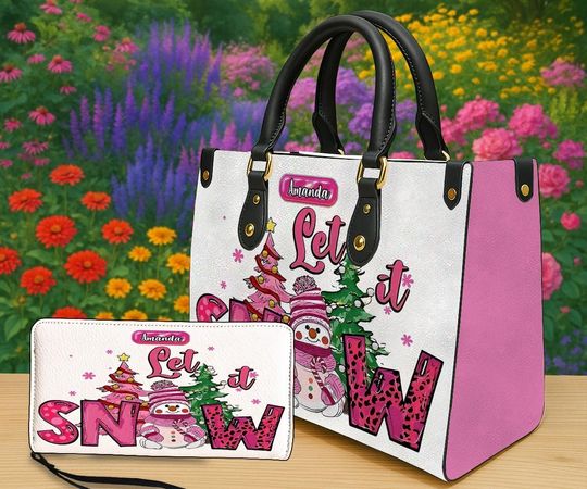 Discover Personalized Let It Snow Handbag & Wallet, Custom Pink Christmas Purse with Snowman and Tree, Winter Holiday Gift for Women