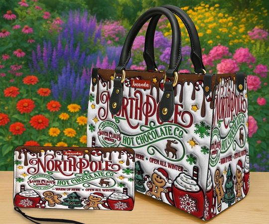 Discover Personalized North Pole Hot Chocolate Co Tote Bag & Wallet Set, Custom Name Christmas Purse, Holiday Cocoa Gift for Women, Christmas Handbag