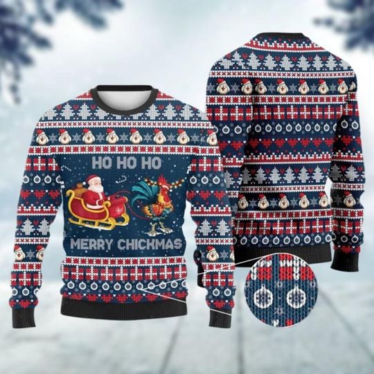 Santa Clause Ugly Christmas Sweater, Chicken Ho Ho Ho Xmas Sweater, Christmas Farm Animals Sweatshirt, Funny Holiday Sweater