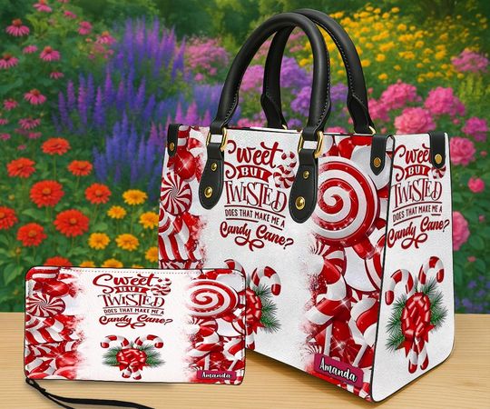 Discover Personalized Candy Cane Christmas Tote Bag & Wallet Set, Sweet but Twisted Holiday Purse, Funny Xmas Gift for Women, Custom Name Handbag