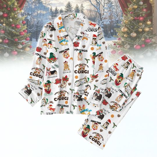Corgi Dog Christmas Pajamas Set, Cute Puppy Sleepwear, Funny Holiday PJS