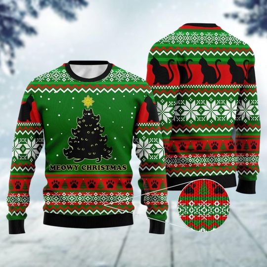 Discover Black Cat Ugly Sweater, Meowy Christmas Funny Sweater, Christmas Tree Shirt, Pets Holiday Sweater, Paw Cat Christmas Shirt