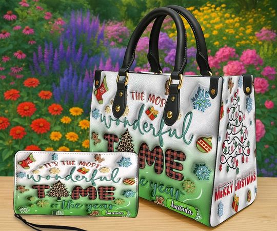 Discover Personalized Wonderful Time Christmas Handbag & Wallet, Custom Holiday Purse With Plaid Tree Snowflake, Xmas Gift for Women