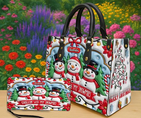 Discover Personalized Snowman Family Christmas Handbag & Wallet, Custom Holiday Purse with Funny Chillin With My Snowmies Design, Xmas Gift for Her