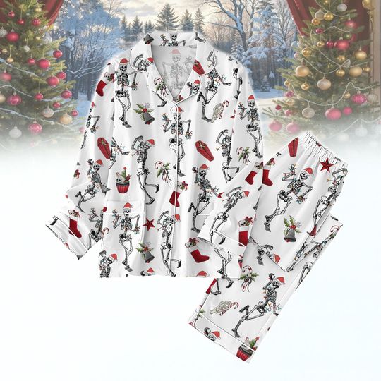 Skeleton Christmas Pajamas Set, Gothic Holiday Sleepwear, Funny Skull PJS