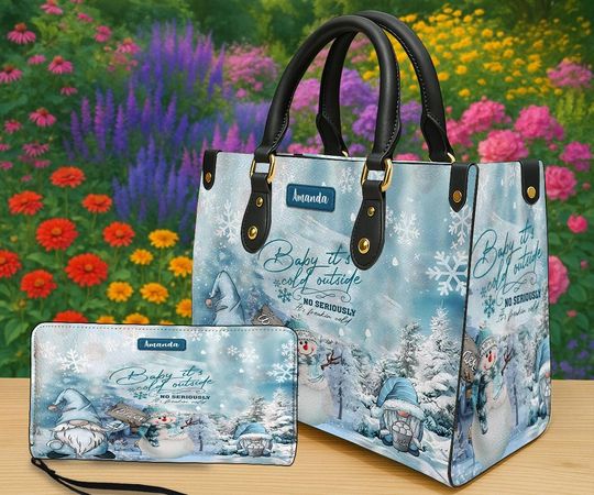 Discover Personalized Gnome And Snowman Winter Tote Bag & Wallet Set, Baby Its Cold Outside Purse, Custom Name Christmas Gift for Women