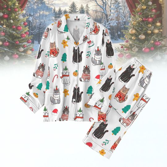 Discover Cute Cat Christmas Pajamas Set, Funny Kitty Holiday Sleepwear, Cozy Winter PJs, Festive Loungewear Gift for Cat Lovers, Xmas Cat Gift