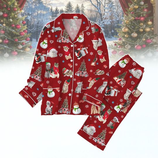 Discover Cute Cat Christmas Pajamas Set, Funny Pet Lover Holiday Sleepwear, Red Festive Xmas PJs, Cute Cozy Family Gift, Xmas Cat Kids Pjs