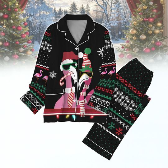 Flamingo Christmas Pajamas Set, Funny Tropical Holiday Sleepwear