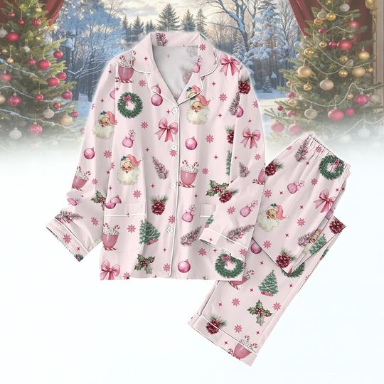 Discover Pink Vintage Santa Christmas Pajamas Set, Retro Holiday PJs, Cozy Festive Sleepwear, Cute Xmas Gift for Women, Cute Pink Xmas Pjs