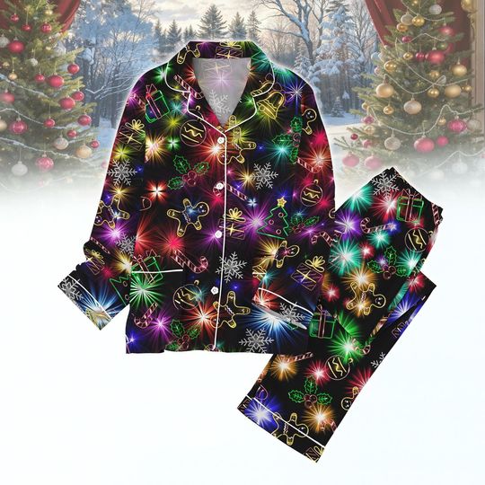 Discover Neon Lights Christmas Pajamas Set, Xmas Holiday PJs, Funny Festive Sleepwear