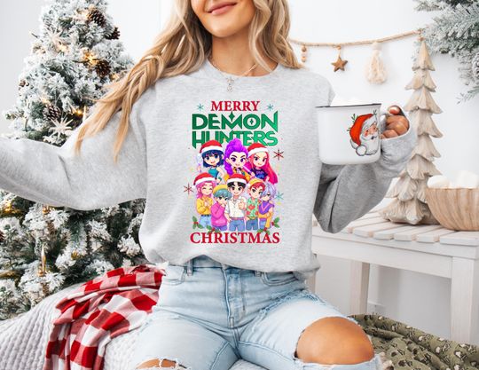 KPDH Huntrix Christmas Sweatshirt, Merry Huntrix Christmas Shirt, Kpop Demon Hunters Mira, Rumi, Zoey, Derpy Tiger Tee, Huntrix fan