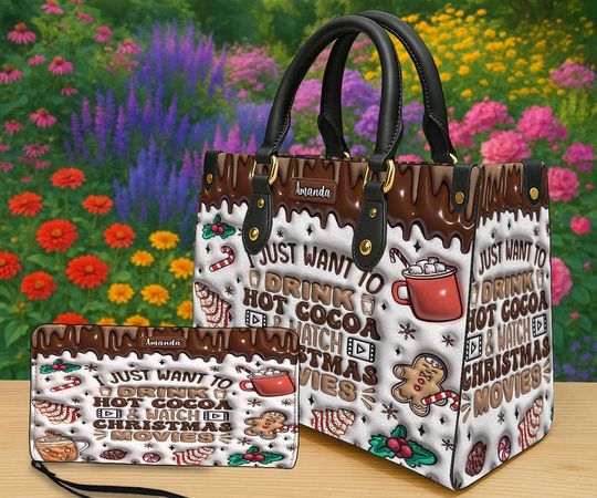 Discover Personalized Hot Cocoa Christmas Tote Bag, Custom Name Holiday Bag, Cozy Movie Night Gift for Women, Winter Chocolate Bag