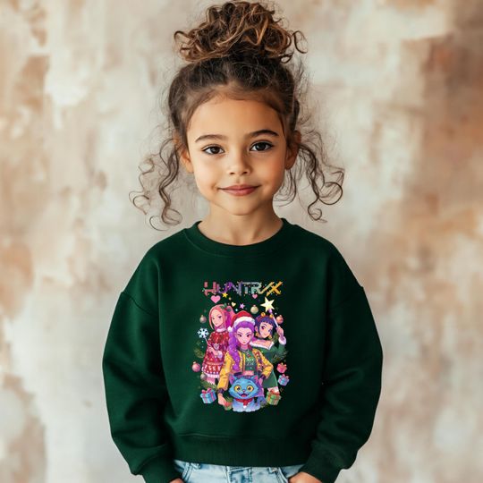 Huntrix Christmas Green Sweatshirt, Demon Hunters Hoodie Gift For Kids,Kpop Demon Hunters Christmas Sweatshirt, Kpop Christmas Youth Hoodie