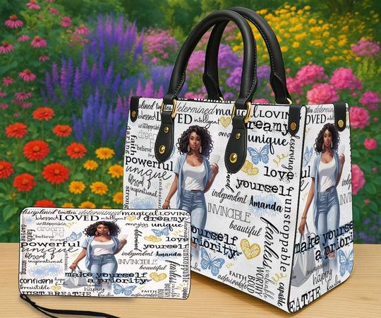 Discover Personalized Black Women Handbag, African American Inspirational Bag With Quotes and Butterflies, Custom Name Gift