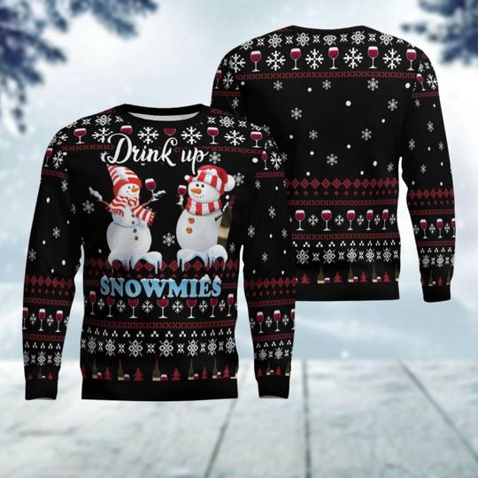 Discover Red Wine Ugly Christmas Sweater, Snowman Xmas Sweater, Drink Up Snowmies Holiday Sweater, Winter Gift